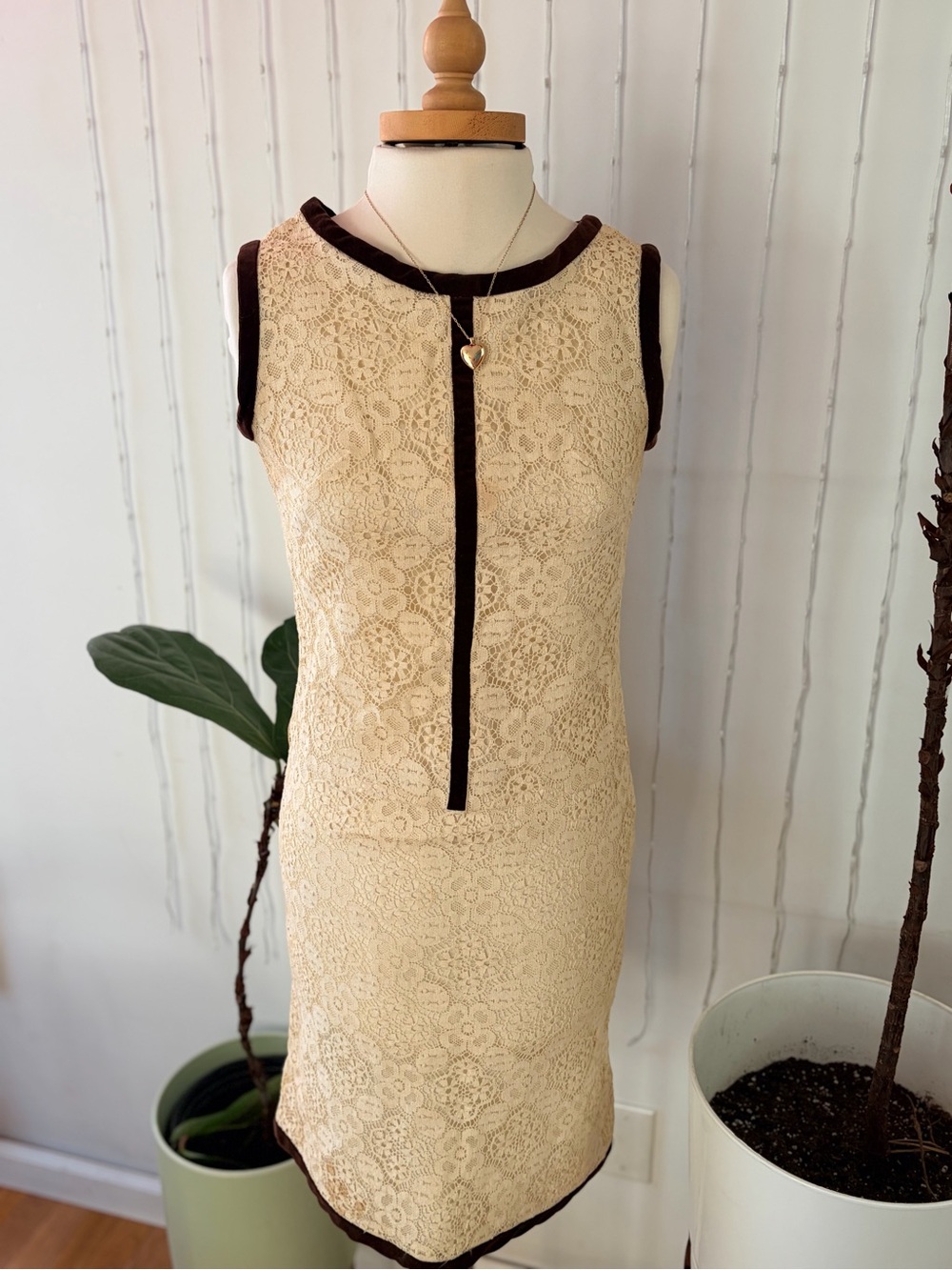 Vintage 1960s Handmade Lace Dress Brown Velvet Trim Romantic Boho